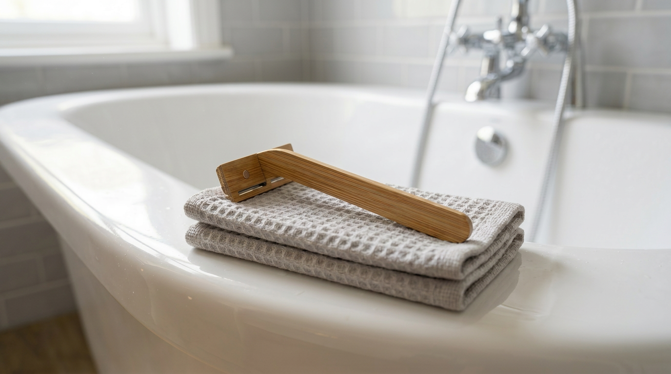 Nomad bamboo razor presented on a folded towel beside a bath