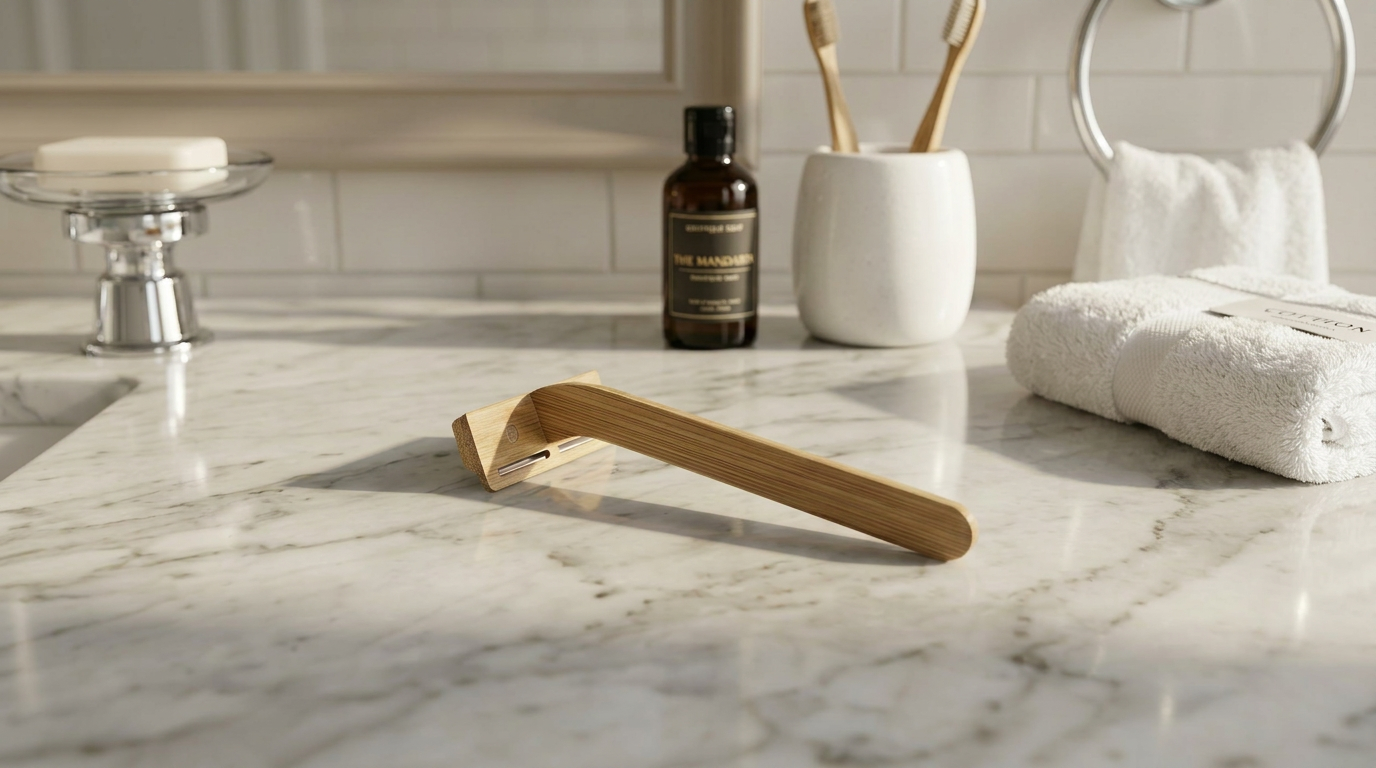 Nomad bamboo razor resting on a marble bathroom counter